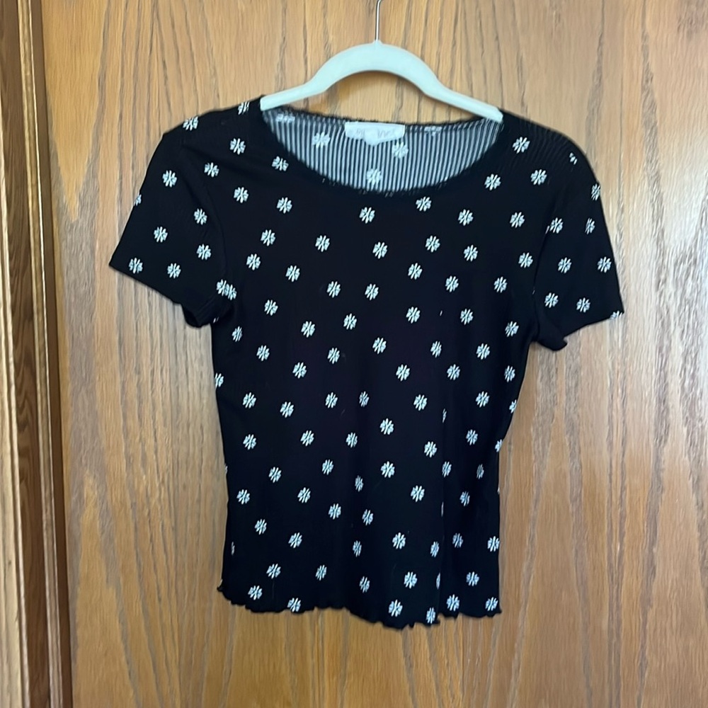 Black with flowers Ribbed Baby Tee - Pink Rose